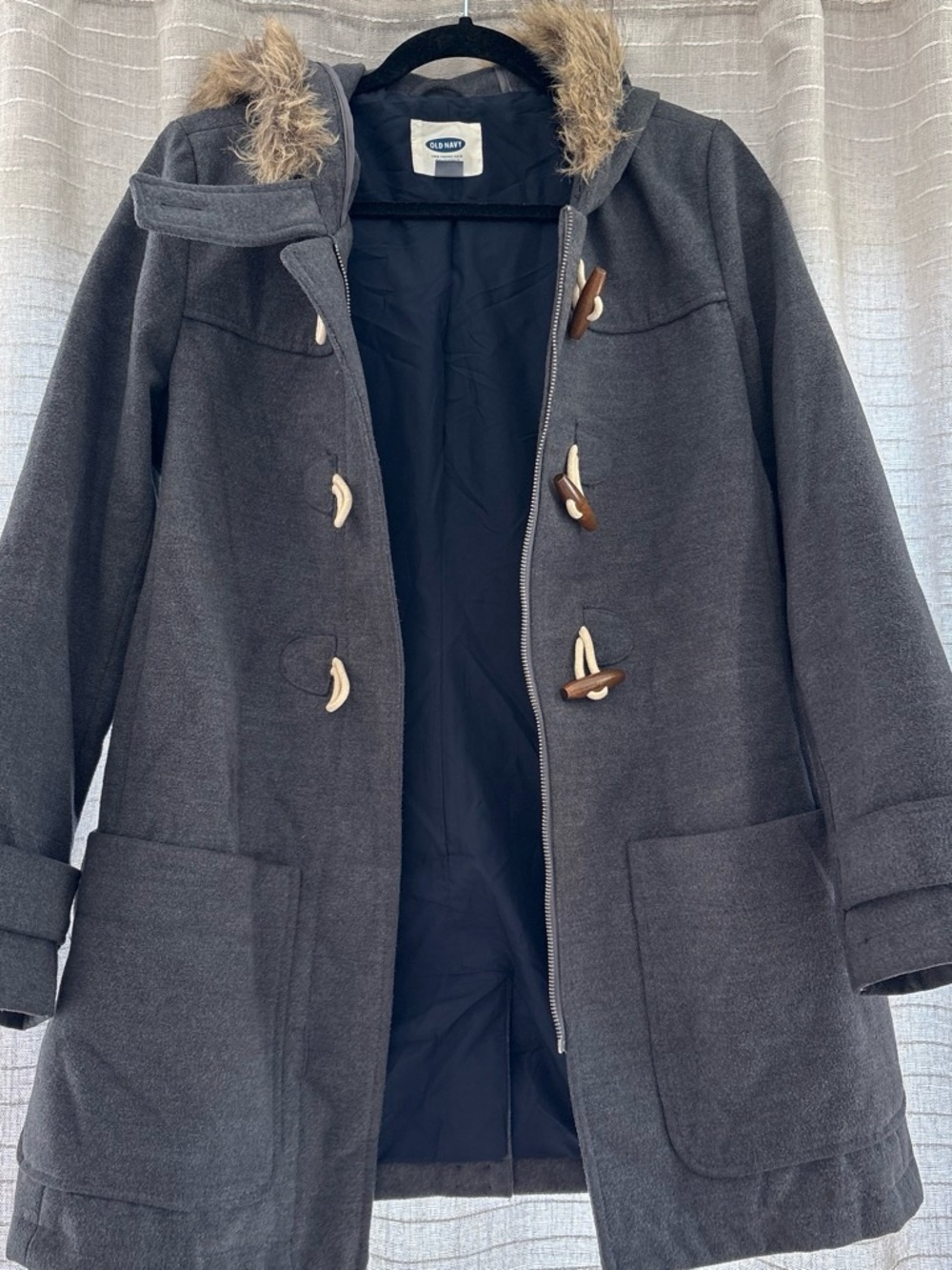 Old Navy Gray Hooded Pea Coat with Faux Fur Trim and Toggle Closures
